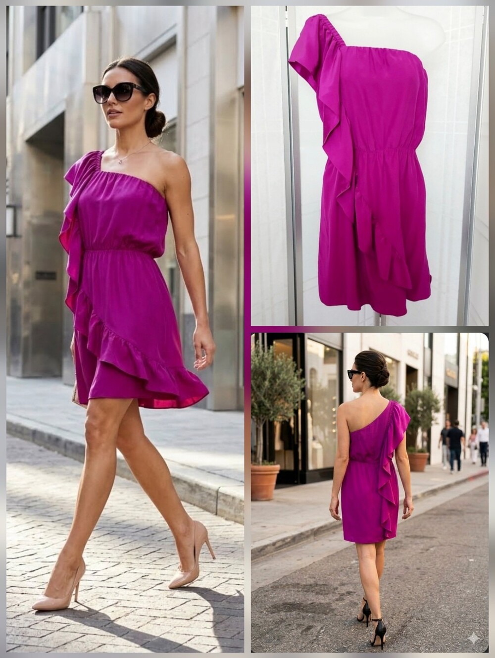❤️Kara Janx 100%SILK dress purple one shoulder ruffle accents 🤍LARGE
